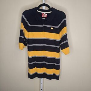 VTG Ecko Unltd Sweater Polo Short Sleeve Yellow Blue Stripe Knit XXL *Runs Small